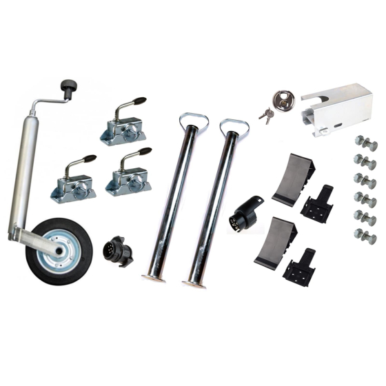 Car trailer accessory set: support wheel, supports, clamp, wedges incl. holder, box securing device, lock and adapter incl. fixing material