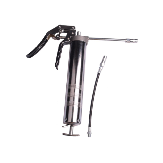 One-hand grease gun for 400 gram cartridges including mouthpiece, hose and tube.