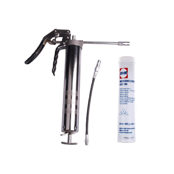 One-hand grease gun including 400 gram grease cartridge, mouthpiece, hose and tube.
