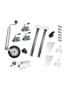 Car trailer accessory set: support wheel, supports, clamp, wedges incl. holder, box securing device, lock and adapter incl. fixing material