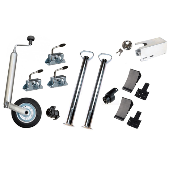 Car trailer accessory set: support wheel, supports, clamp, wedges incl. holder, box safety device, lock and adapter