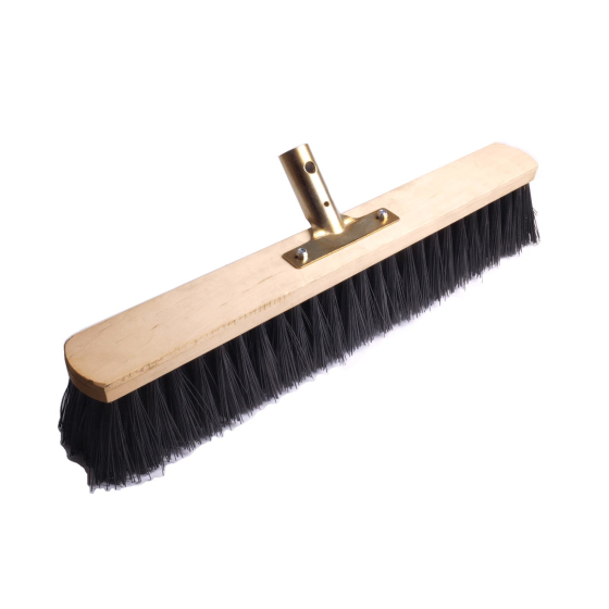 Beech wood broom with black plastic bristles and attached handle holder for handles with a diameter of 24 mm.