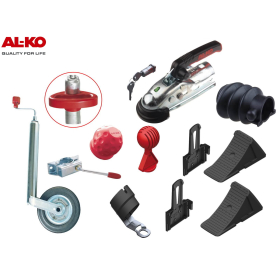 AL-KO accessory set for car trailers consisting of AK 161 coupling, 150 kg compact support wheel, matching clamp and manoeuvring handle, bellows, plug holder, wedges and brackets, softball and a socket lock with safetyball