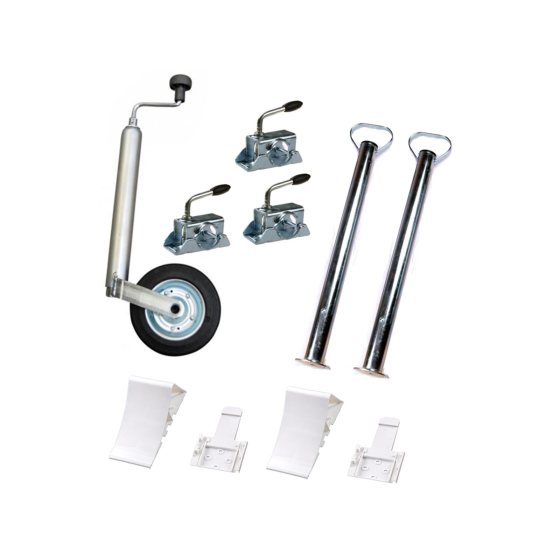 Car trailer accessories set: support wheel, supports 700 mm, clamp holder, wheel chocks with holder (white)