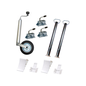 Accessory set consisting of various attachments for car trailers, including support wheels and support feet with matching clamp holders and white wheel chocks with mounting bracket.
