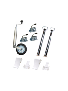 Accessory set consisting of various attachments for car trailers, including support wheels and support feet with matching clamp holders and white wheel chocks with mounting bracket.