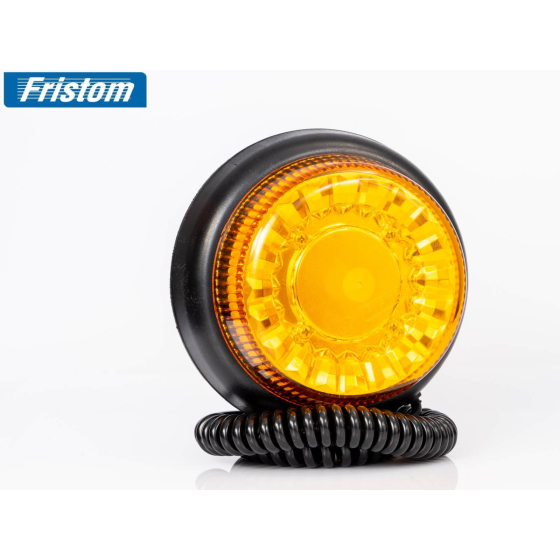 gelbe LED Rundumleuchte mit 0,6 m Spiralkabel mit 2-poligem KFZ-Universalstecker für 12 bis 55 Volt mit einer Magnetbefestigung.