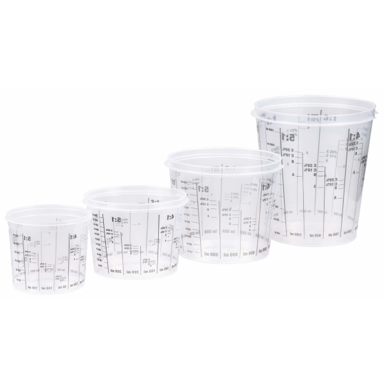 transparente Farbmischbecher aus Kunststoff zum Anmischen von Lacken aller Art erhältlich in den Größen 385, 750, 1400 und 2300 ml.