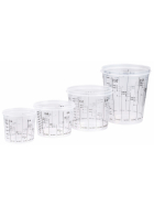 transparente Farbmischbecher aus Kunststoff zum Anmischen von Lacken aller Art erhältlich in den Größen 385, 750, 1400 und 2300 ml.
