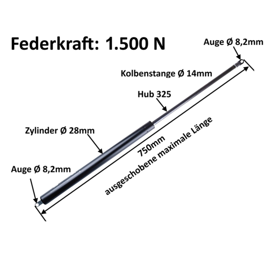 Gasdruckdämpfer in der Stärke 1500 Newton für Pferdeanhänger und andere Anhängern mit Heckklappe