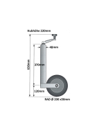 150 kg Support wheel with thrust bearing incl. holder, chock, bracket
