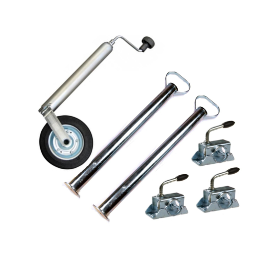 Car trailer accessory set: support wheel, supports, clamp