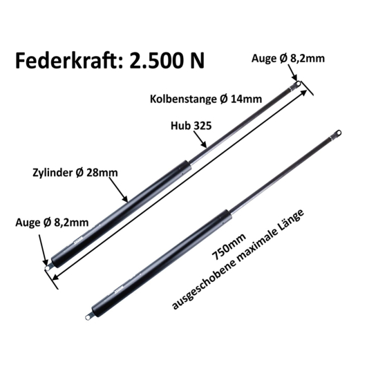 Gasdruckdämpfer in der Stärke 2500 Newton für Pferdeanhänger und andere Anhängern mit Heckklappe