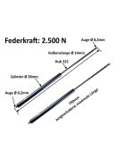 Gasdruckdämpfer in der Stärke 2500 Newton für Pferdeanhänger und andere Anhängern mit Heckklappe