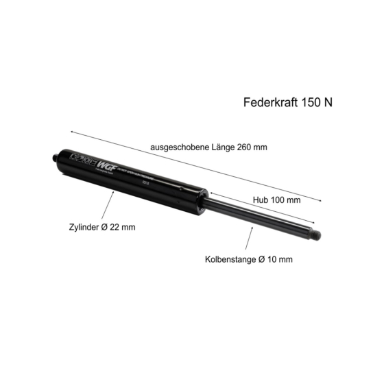 Gasdruckdaempfer 150 Newton mit ausgeschobener Länge 260 mm
